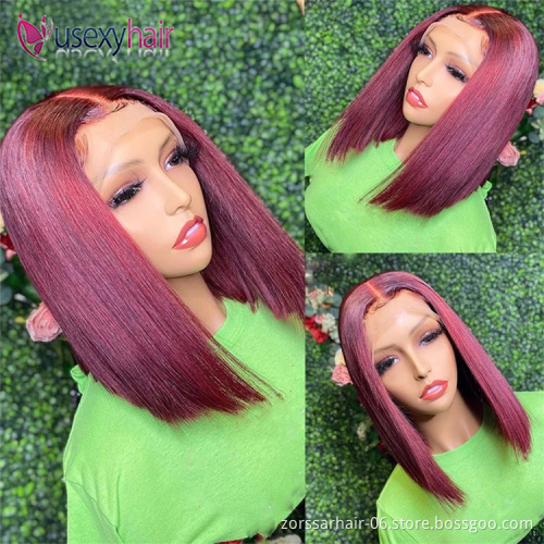 Top quality silk top straight pre plucked hd lace frontal wig new design short human hair bob wigs transparent  99j lace front w
